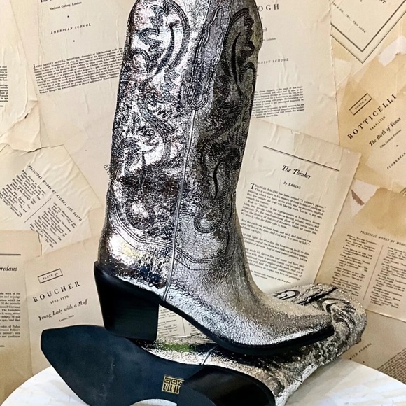 Free People Jeffrey Campbell Dagget Western Boot Silver Crackle Leather - Picture 10 of 10